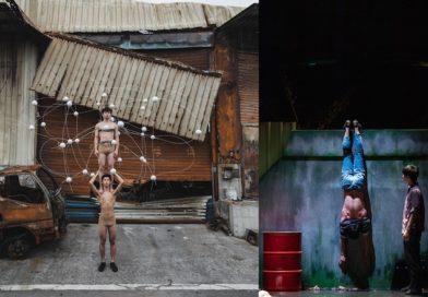 On the left circus performers perform a two high, on the right, a hand stand