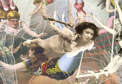 Flying trapeze graphic that blends images of circus artists and uteruses