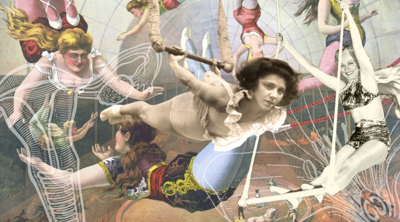 Flying trapeze graphic that blends images of circus artists and uteruses