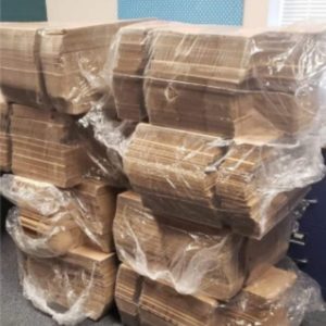 Palette of cardboard boxes for the juggling kits