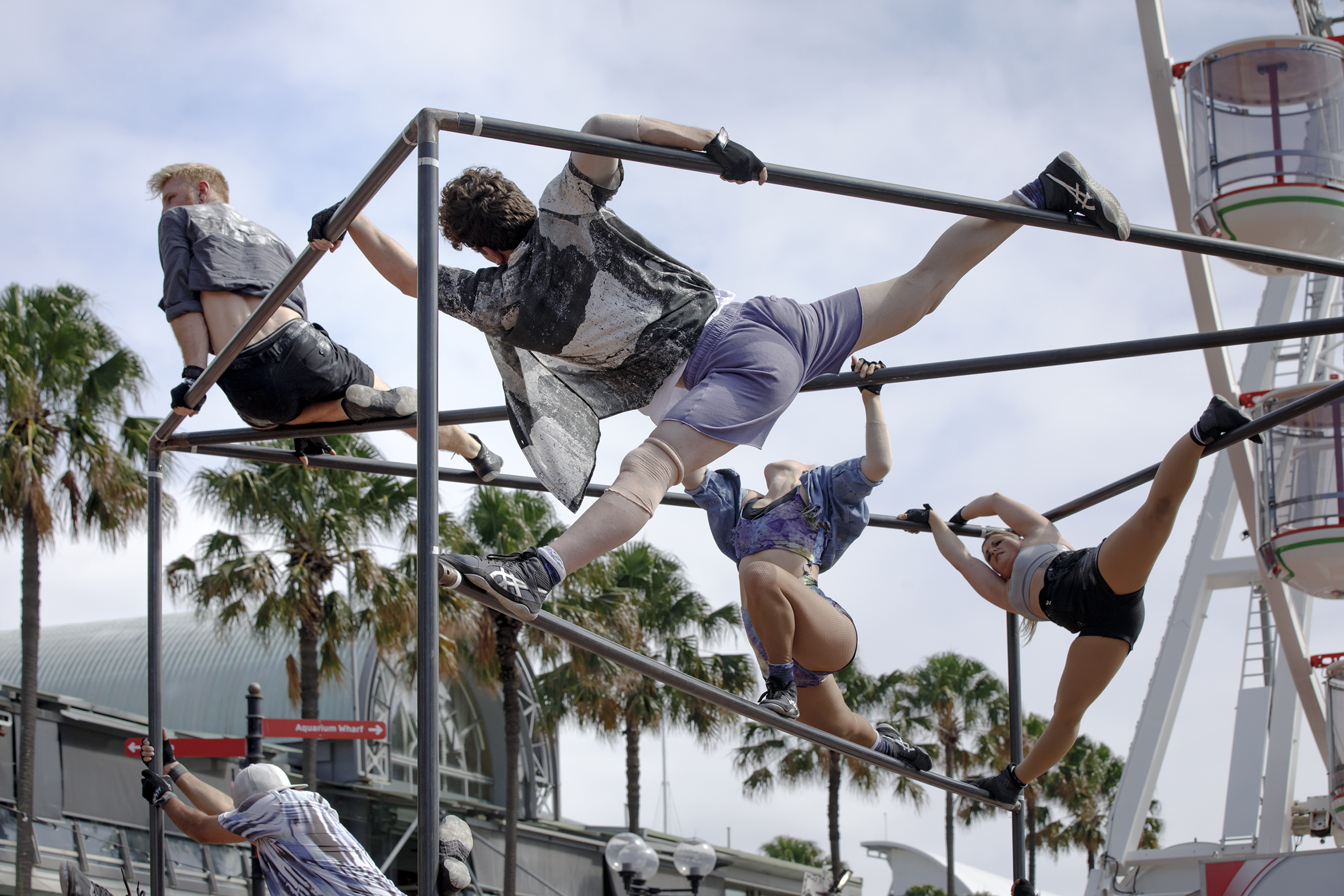 A harborside performance of "The Construct." Five Circus Monoxide acrobats perform on a cube-shaped apparatus