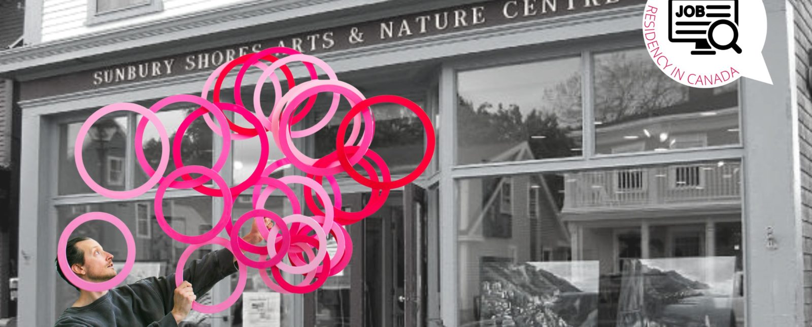 Juggler Jay Gilligan in front of Sunbury Shores Arts and Nature Center gallery entrance