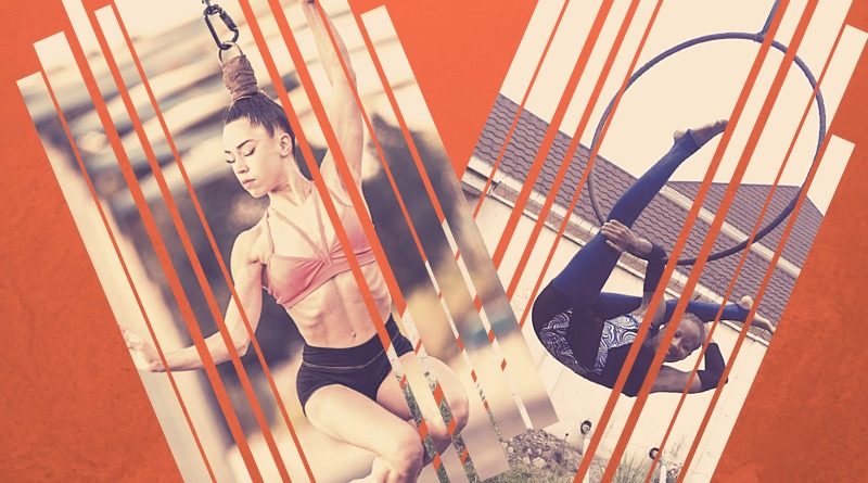 Hair-hanging artist Elena Suárez Pariente strikes a pose, and Ekpoawan Edem hangs from an aerial hoop