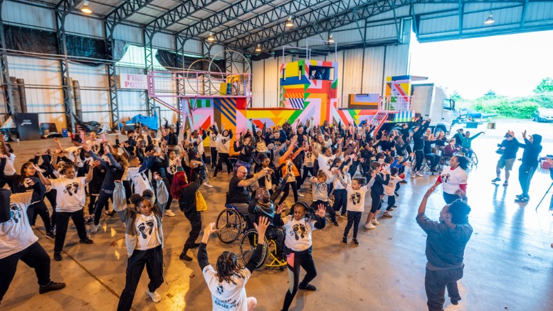 Steppaz and Cirque Bijou performers rehearse a street dance act for the Queen's Platinum Jubilee inside a warehouse