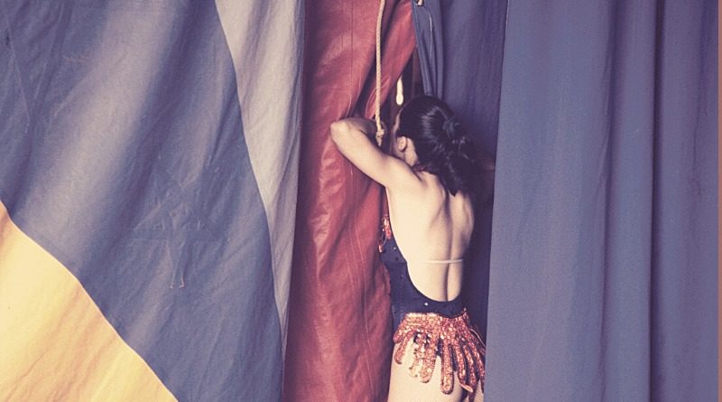 historic circus photograph of Carson and Barnes Circus female acrobat in leotard. Image by Dawn V. Rogola