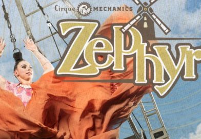 Promotional poster of Zephyr, the newest show from Cirque Mechanics, shows a female hair hang performer suspended from stage machinery in a billowy dress