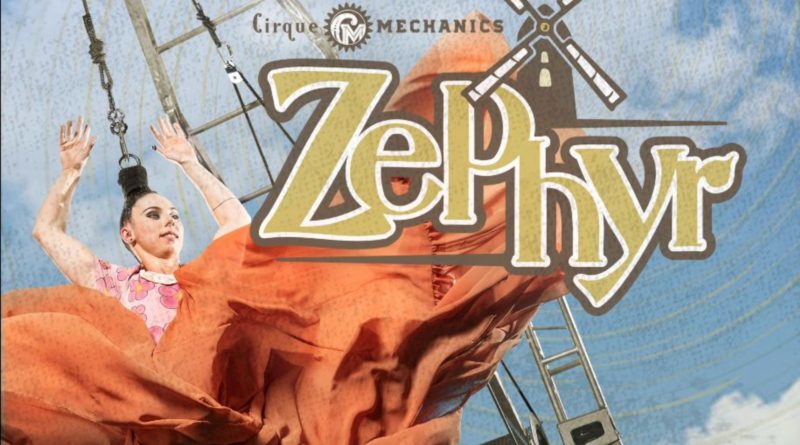 Promotional poster of Zephyr, the newest show from Cirque Mechanics, shows a female hair hang performer suspended from stage machinery in a billowy dress