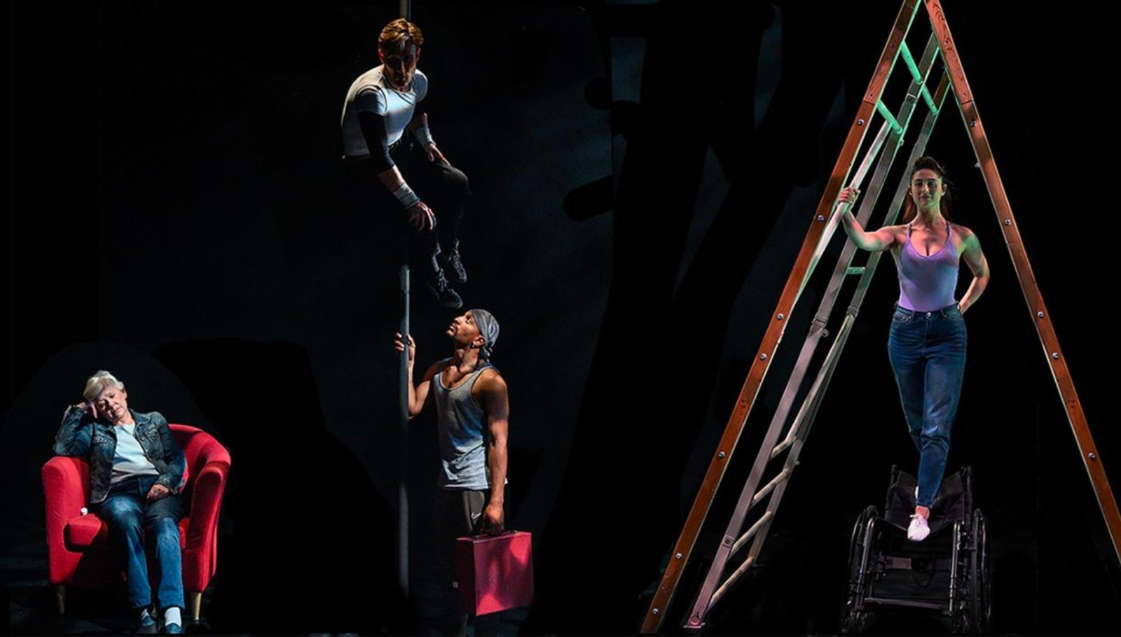 Disabled and non-disabled circus artists perform in "Delicate" by Extraordinary Bodies. These four performers make use of various acrobatic apparatuses