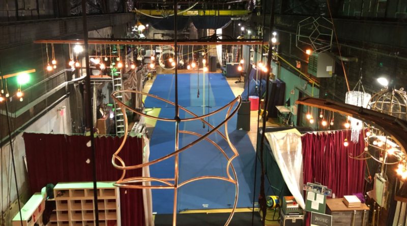 Interior of The Muse Brooklyn's circus and aerial training studio. It is a large space with a high ceiling and professional-grade rigging and apparatus