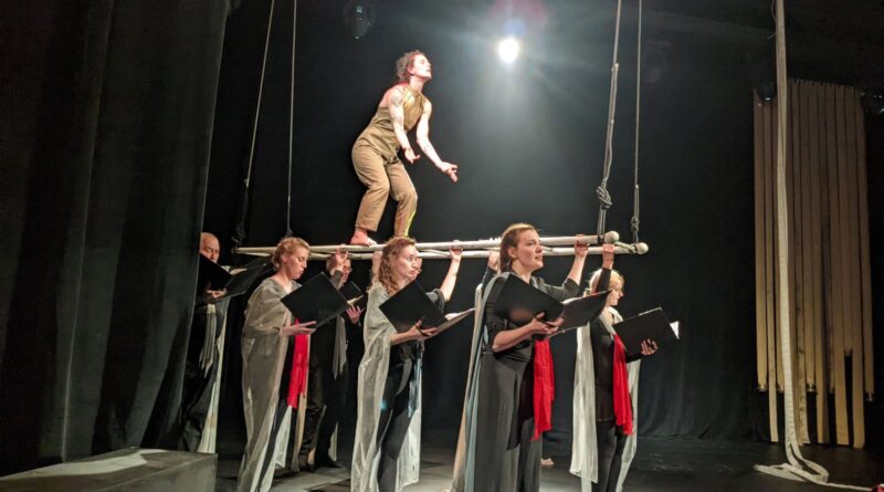 In the Fire by Femmes du Feu Creations at the Bank Art House of Welland. The eight member choir Opus 8 carries aerialist Holly Treddenick on a latter