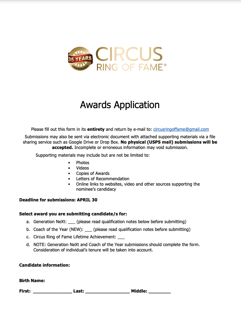Circus Ring of Fame Foundation® Announces 2024 Candidate Applications ...