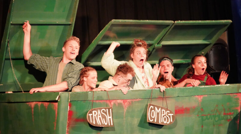 Six Cirque US circus performers lift the lid of a prop dumpster from inside it in the show "One Man's Trash"