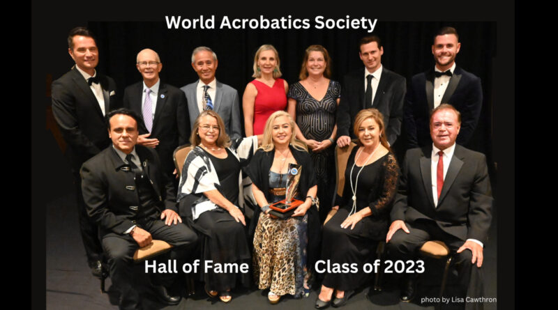 Members of the World Acrobatics Society in formal attire for their 2023 Hall of Fame banquet