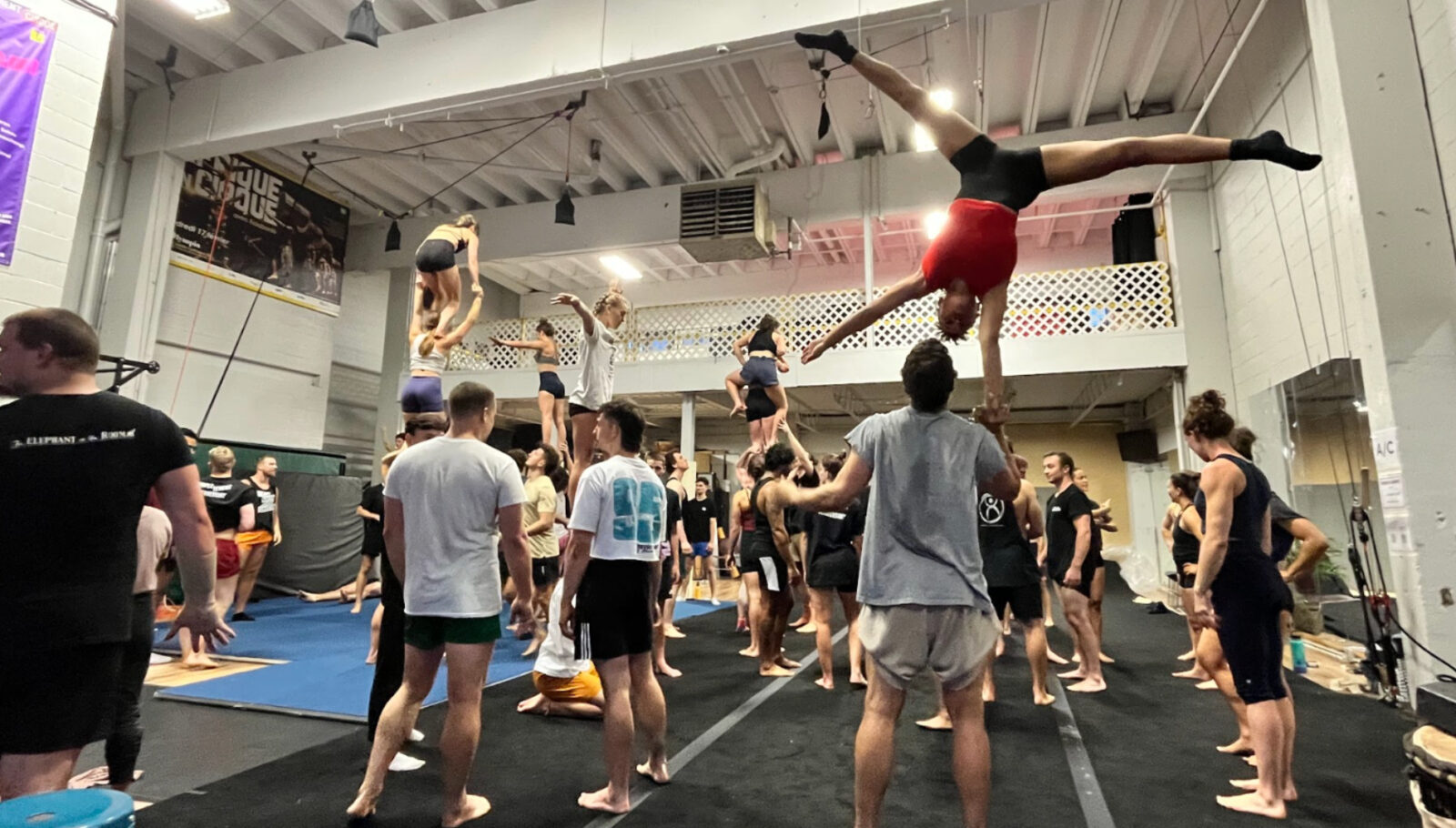 Circus artists gathered in the Kalabanté Productions studio in Montreal to practice acrobatic moves during a casting session