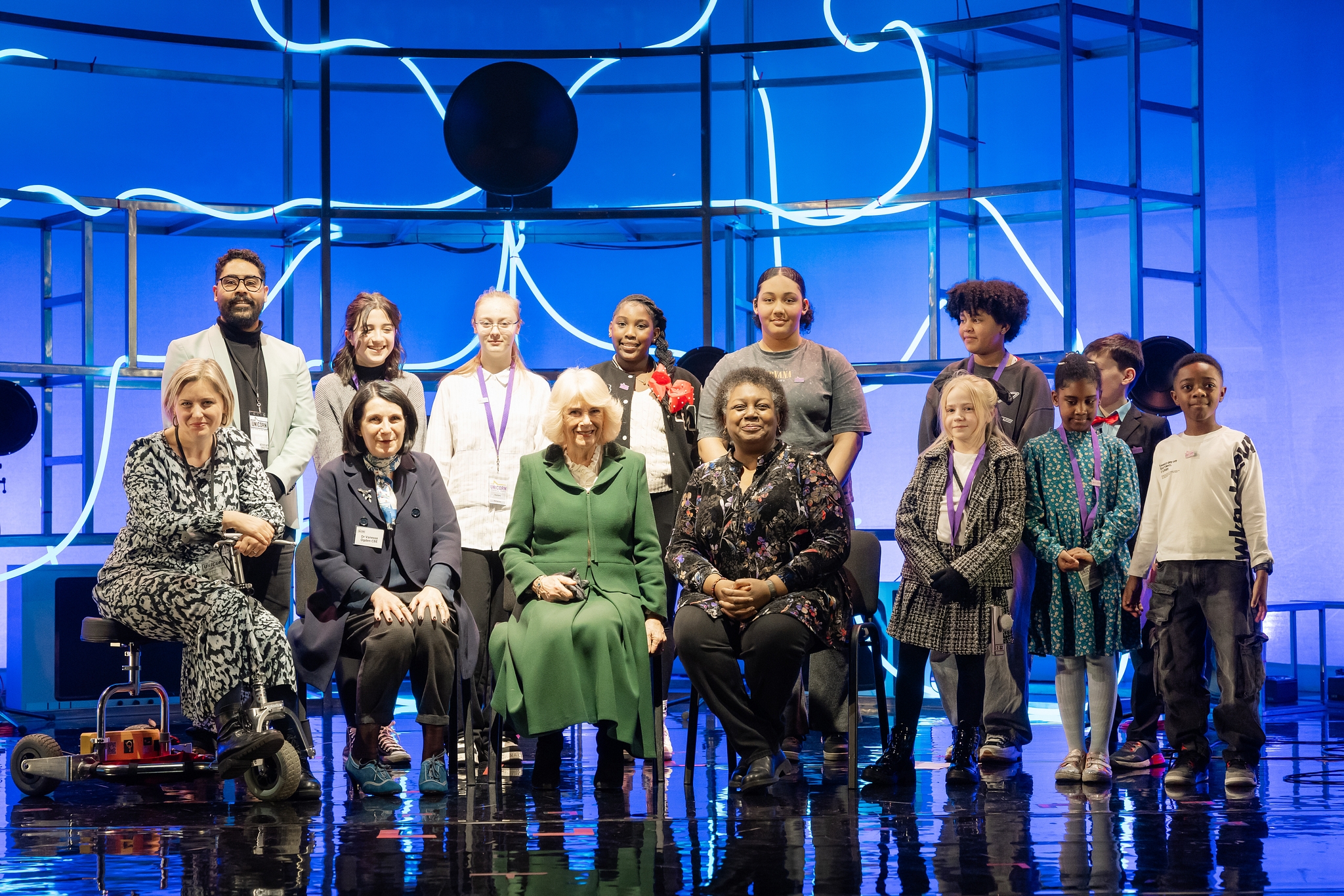Her Majesty the Queen with Artistic Director Rachel Bagshaw, Malorie Blackman and others at the Unicorn Theatre